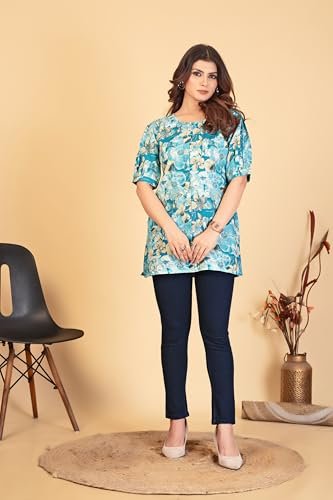 ELITEXPO Women Magic Flex Cotton Floral Printed Tunic with Lace & Button Work Round V Collar Neck Half 3 4 Sleeve | Soft Comfortable Short Kurti | Multicolor (in, Alpha, 3XL, Regular, Multicolor 1) - Image 8