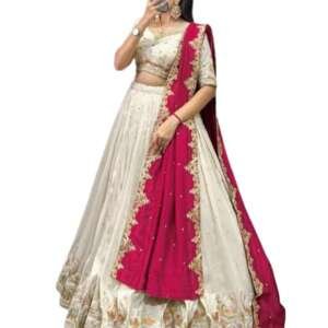 Suppar Sleave Women's Vichitra Silk Embroidered Semi Stitched Lehenga Choli With Dupatta (White)