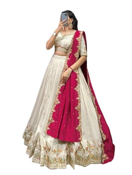 Suppar Sleave Women's Vichitra Silk Embroidered Semi Stitched Lehenga Choli With Dupatta (White)