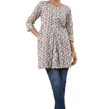 Janasya Women's Off White Cotton Geometric Regular Tunic(JAA24TU00161-L)