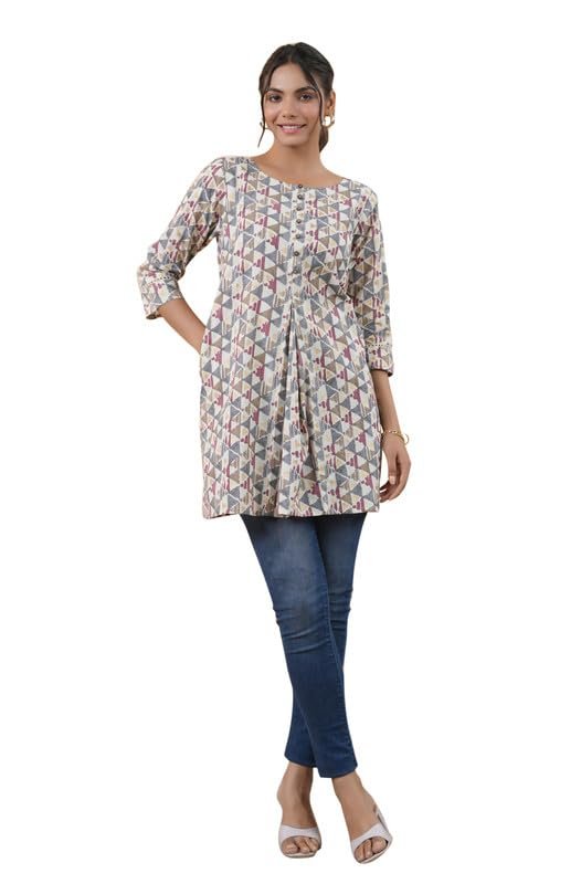Janasya Women's Off White Cotton Geometric Regular Tunic(JAA24TU00161-L)