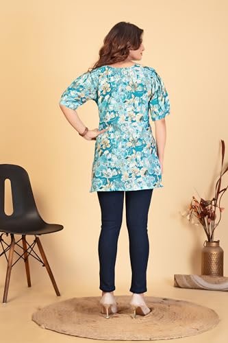 ELITEXPO Women Magic Flex Cotton Floral Printed Tunic with Lace & Button Work Round V Collar Neck Half 3 4 Sleeve | Soft Comfortable Short Kurti | Multicolor (in, Alpha, 3XL, Regular, Multicolor 1) - Image 2