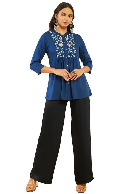 Soch Womens Teal Rayon Floral Embroidered Yoke A-line Tunic - Image 2