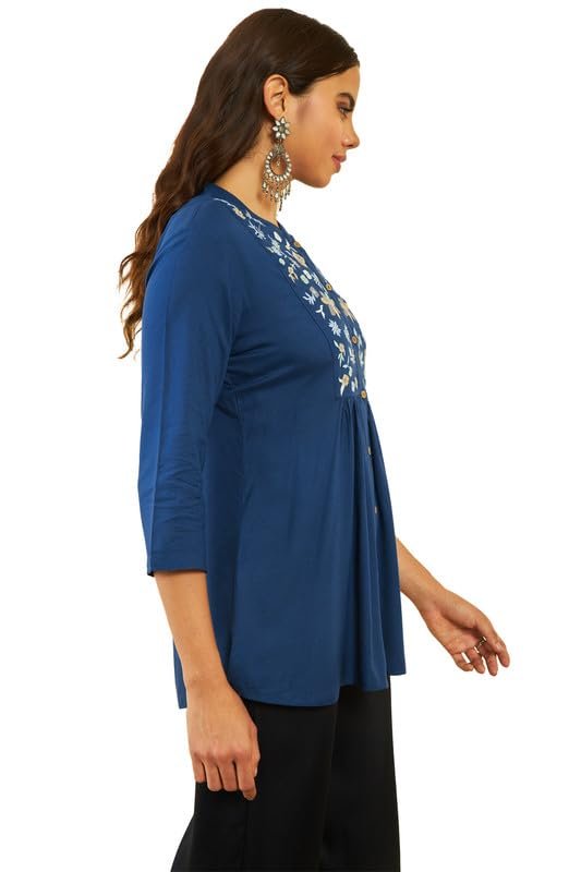 Soch Womens Teal Rayon Floral Embroidered Yoke A-line Tunic - Image 5