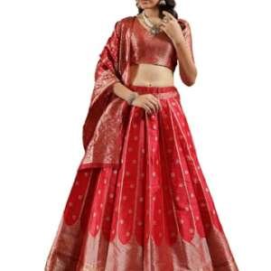 SWAMI STUDIO Women's Jaquard Polka Printed Art Silk Traditional Banarasi Lehenga Choli Dupatta Set (Red)