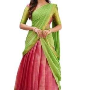 ZITON Women's KanjiVaram Silk Pure Zari Weaving Lehenga Choli Beautiful Checks Design with Dupatta Blouse (Cheks Pink Green) (Unstitched)
