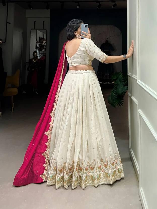 Suppar Sleave Women's Vichitra Silk Embroidered Semi Stitched Lehenga Choli With Dupatta (White) - Image 4
