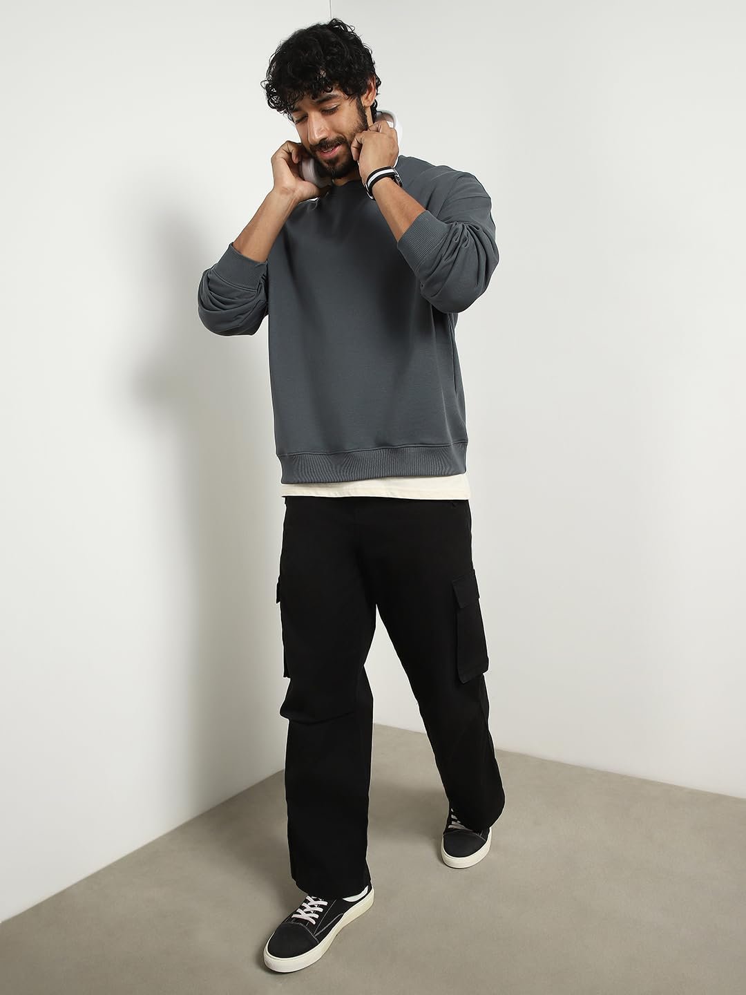 NOBERO Men's Cotton Blend Crew Neck Oversized Fit Sweatshirt (1M-TWSS-R0005_Graphite, X_Large) - Image 7