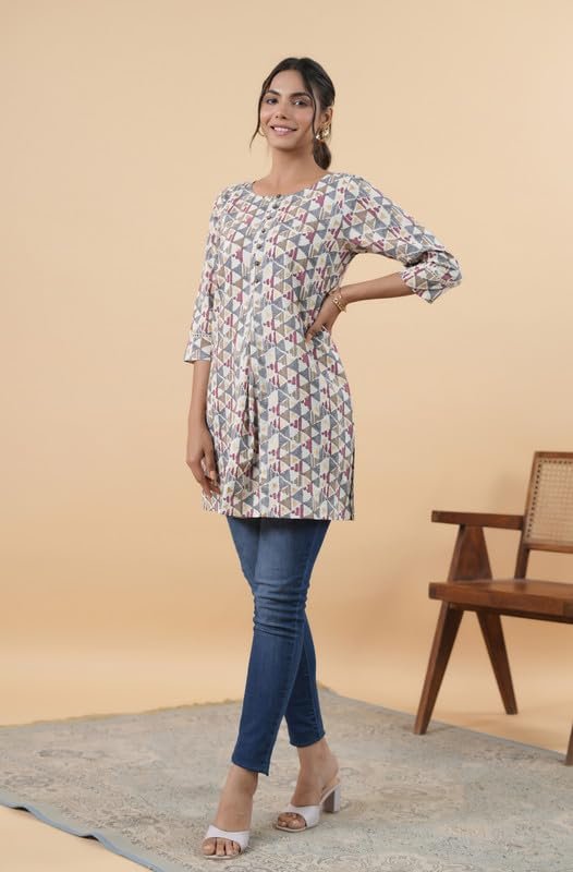 Janasya Women's Off White Cotton Geometric Regular Tunic(JAA24TU00161-L) - Image 6