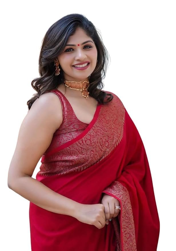 Yashika Women's Solid Red Banarasi Kanjivaram Cotton Silk Saree With Unstitched Blouse Material For Women (AZ-YS-OG-JHATKA RED)