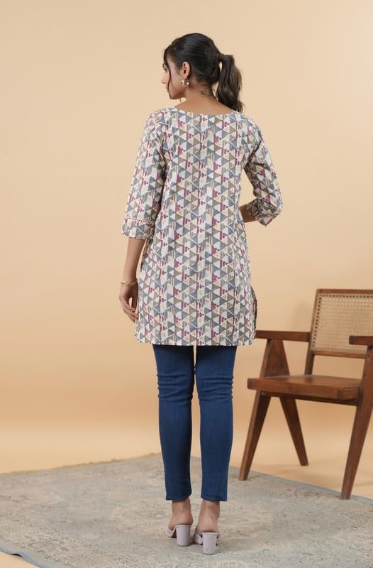 Janasya Women's Off White Cotton Geometric Regular Tunic(JAA24TU00161-L) - Image 4