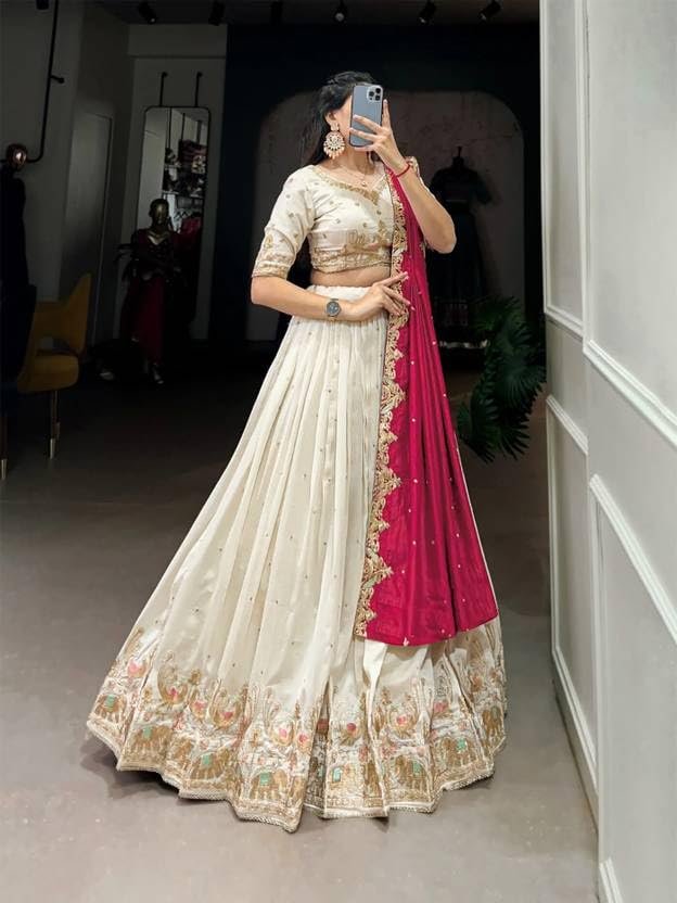 Suppar Sleave Women's Vichitra Silk Embroidered Semi Stitched Lehenga Choli With Dupatta (White) - Image 7