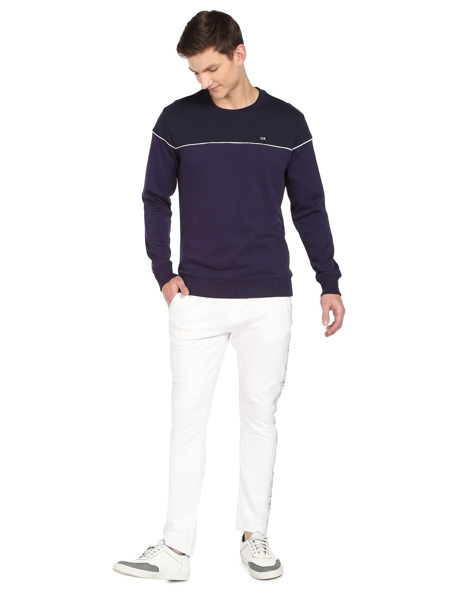 Arrow Men Navy Contrast Piping Crew Neck Cotton Sweatshirt - Image 6