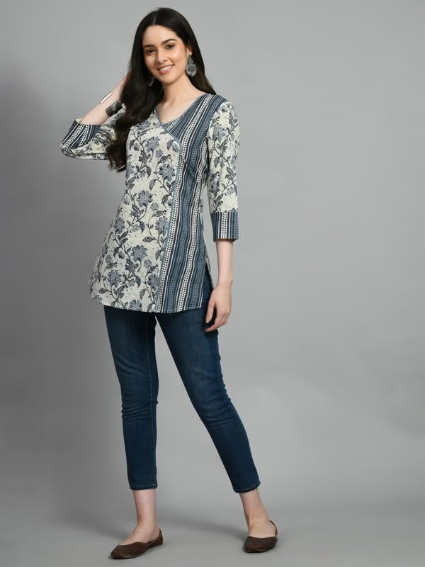 Meesan Women's Beautiful Grey Cotton Printed Smart Casual Tunics for Office & Casual Wear - Image 2