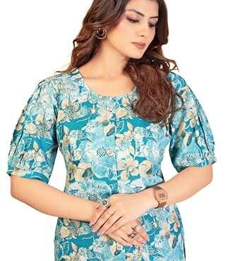 ELITEXPO Women Magic Flex Cotton Floral Printed Tunic with Lace & Button Work Round V Collar Neck Half 3 4 Sleeve | Soft Comfortable Short Kurti | Multicolor (in, Alpha, 3XL, Regular, Multicolor 1)