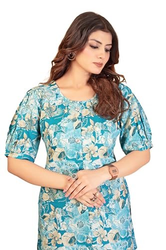 ELITEXPO Women Magic Flex Cotton Floral Printed Tunic with Lace & Button Work Round V Collar Neck Half 3 4 Sleeve | Soft Comfortable Short Kurti | Multicolor (in, Alpha, 3XL, Regular, Multicolor 1)
