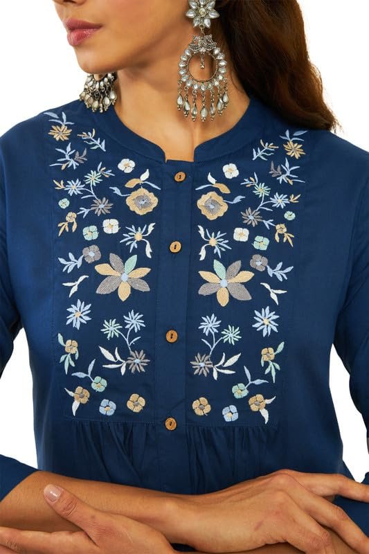 Soch Womens Teal Rayon Floral Embroidered Yoke A-line Tunic - Image 3
