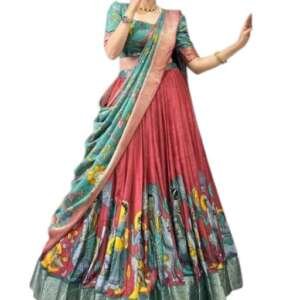 Women's Tussar Silk Lehenga Choli Set Semi-Stitched | Patola Print with Foil Work | Unstitched Blouse | Designer Ethnic Wear for Navratri, Wedding, Festival & Party (Red)
