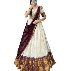 ZITON ARICI MART Women's Indian Traditional Kanjivaram Silk Pure Weaving Lehenga Choli Along With Dupatta And Blouse Piece, Half Saree (Unstitched) (white)