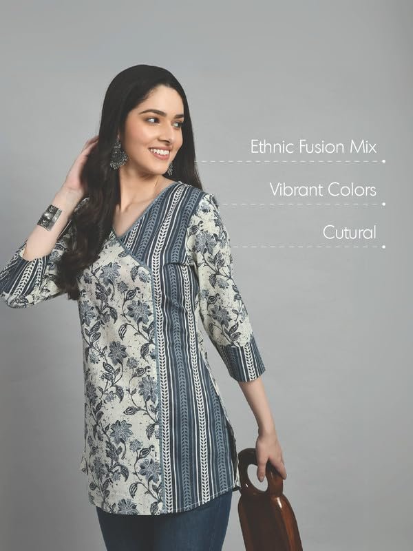Meesan Women's Beautiful Grey Cotton Printed Smart Casual Tunics for Office & Casual Wear - Image 6