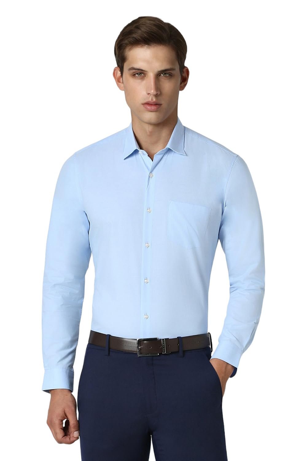 Peter England Men's Everday Regular Fit Solid Shirt | Cotton Rich | 5-Pin Pocketing Sky Blue
