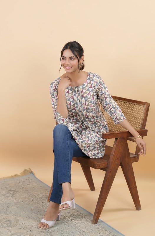 Janasya Women's Off White Cotton Geometric Regular Tunic(JAA24TU00161-L) - Image 5