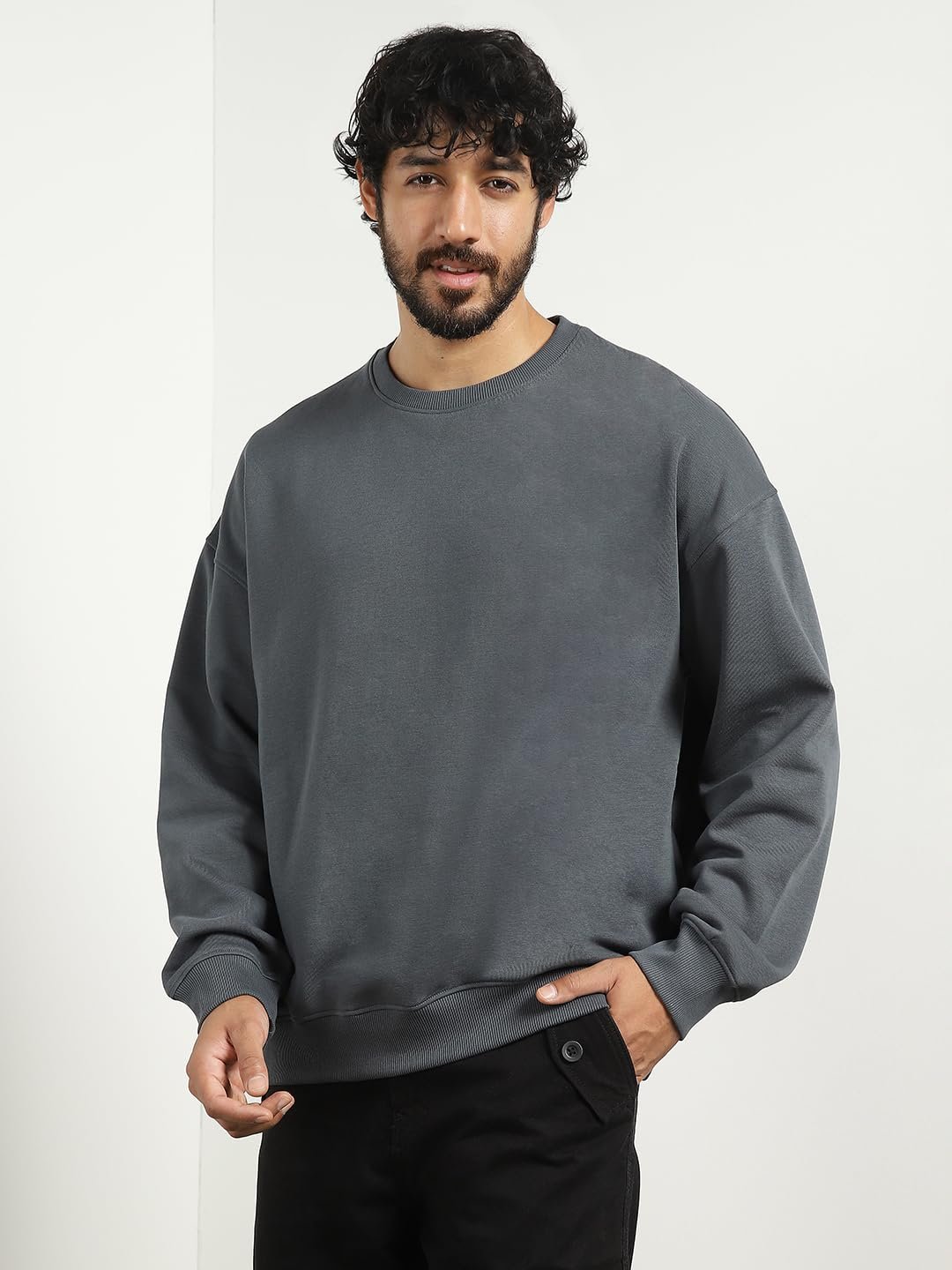 NOBERO Men's Cotton Blend Crew Neck Oversized Fit Sweatshirt (1M-TWSS-R0005_Graphite, X_Large) - Image 6