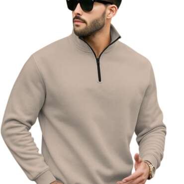 Men's Half Zipper Sweatshirt Fleece Material Collared Winter Wear Loose Fit Warm Pullover Jacket Casual Outerwear for Cold Weather Comfortable Stylish Everyday Use, IN, Alpha, L, Standard - Off white