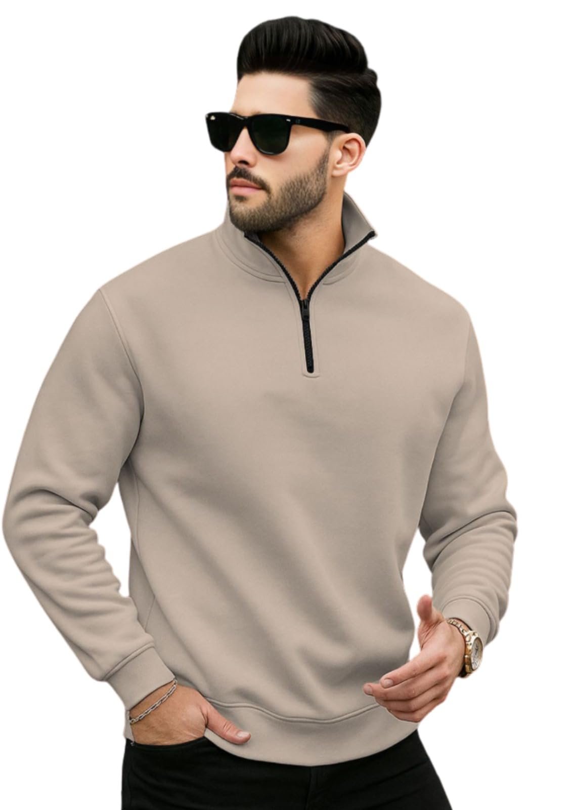 Men's Half Zipper Sweatshirt Fleece Material Collared Winter Wear Loose Fit Warm Pullover Jacket Casual Outerwear for Cold Weather Comfortable Stylish Everyday Use, IN, Alpha, L, Standard - Off white