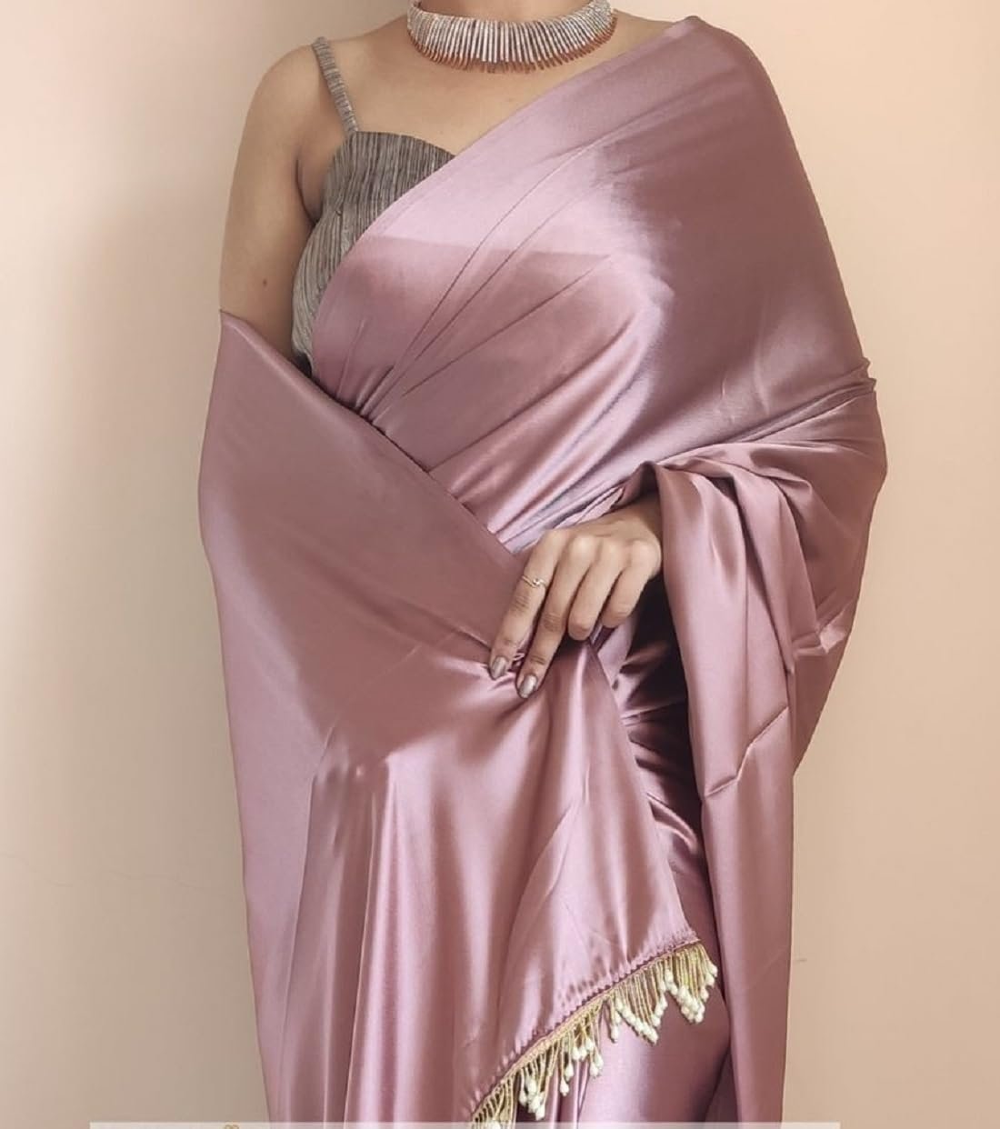SATAZ Women's Ready to Wear Rose Gold Satin Silk 1 Minute Pre Pleated Readymade Saree with Unstitched Rose Gold Blouse - Image 5