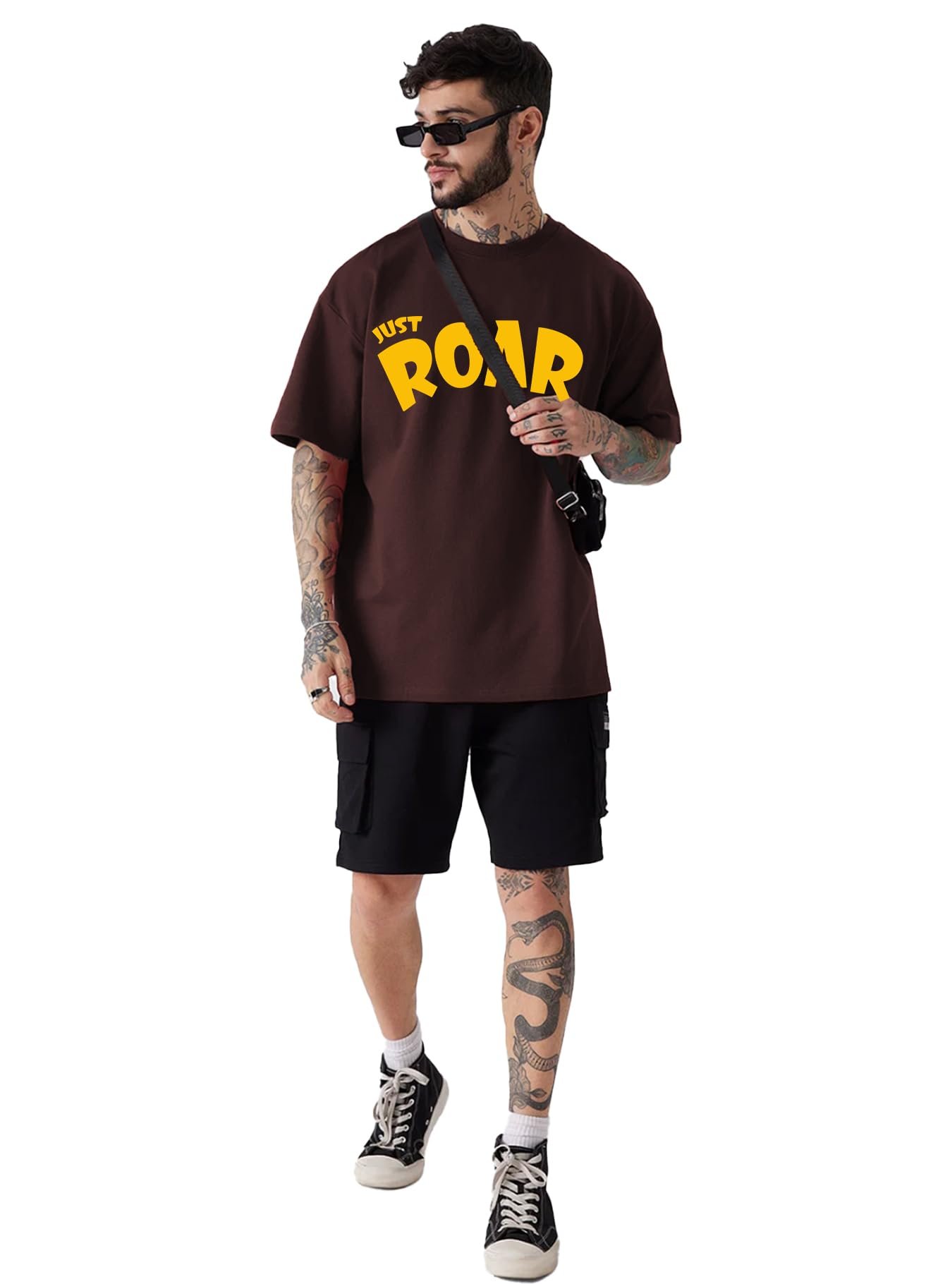 LEOTUDE Men's Cottonblend Oversized Half Sleeve Round Neck Tshirt (FS_49ROAR_P_Brown_XL) - Image 3