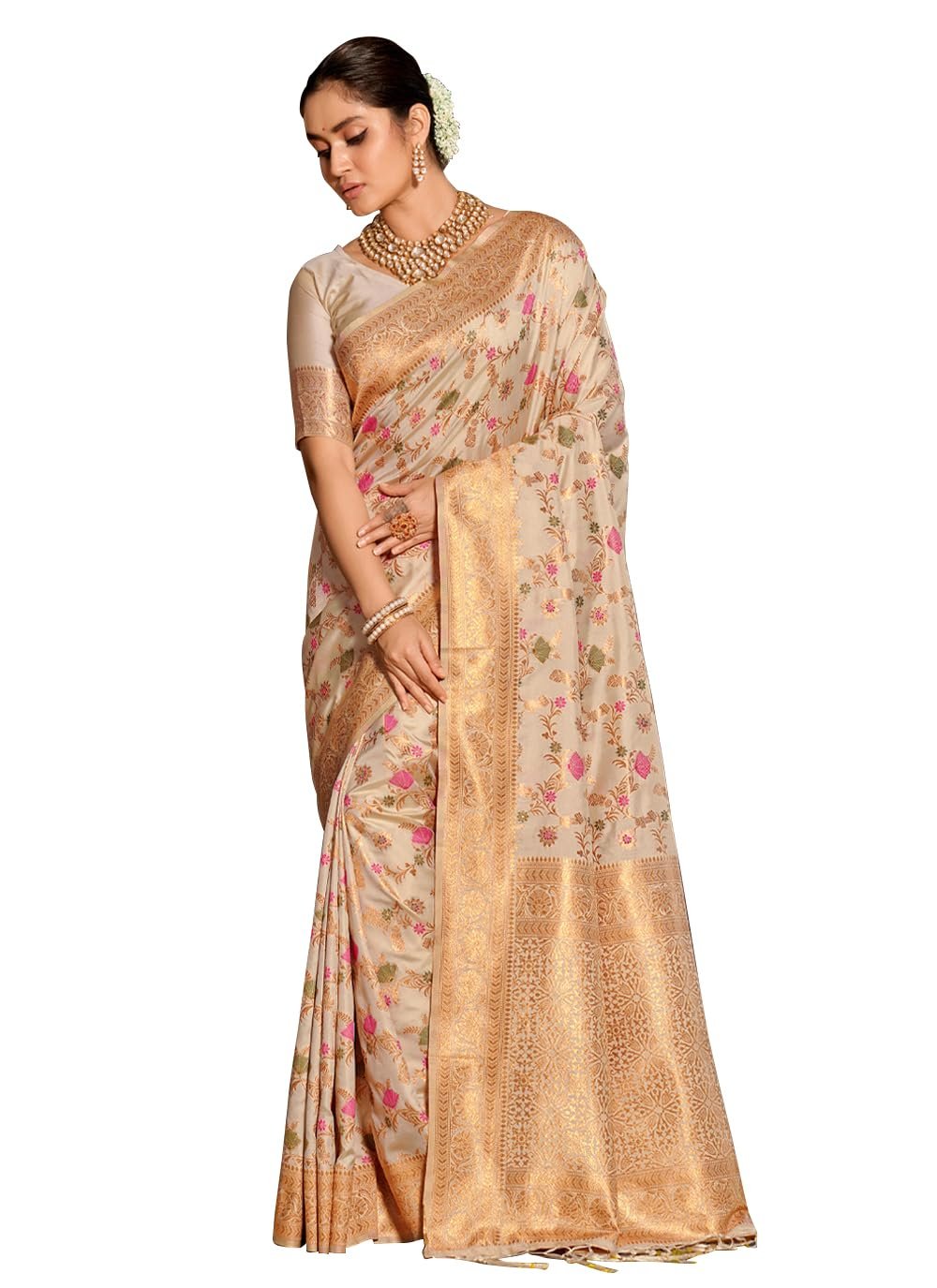 Astita Banarasi Silk Saree with Golden Zari Floral Weaving | Soft Lightweight Traditional Saree for Women | Perfect for Festive Occasions, Gifting & Celebrations (White)