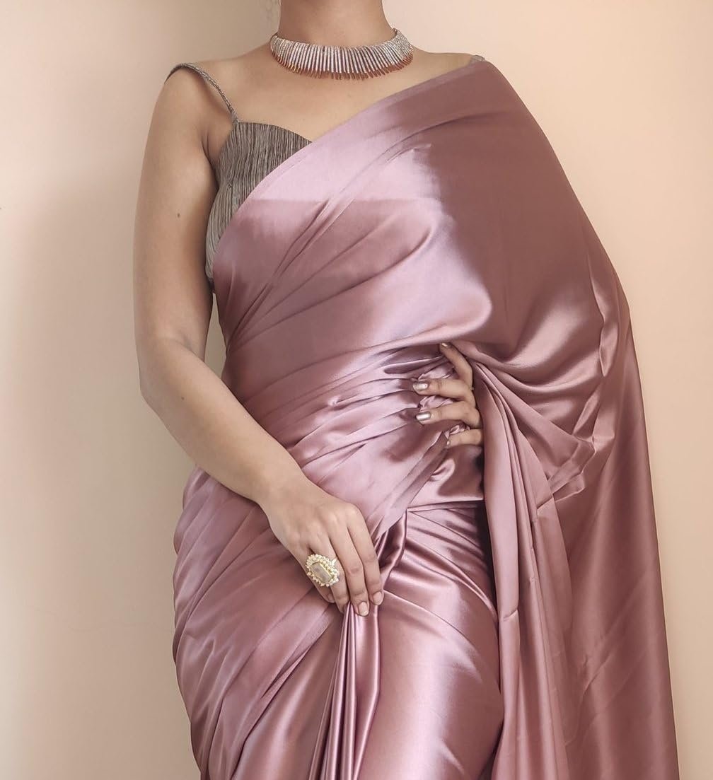 SATAZ Women's Ready to Wear Rose Gold Satin Silk 1 Minute Pre Pleated Readymade Saree with Unstitched Rose Gold Blouse - Image 6