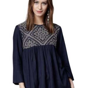 rytras Women's Printed Regular Fit top(Blue,L)