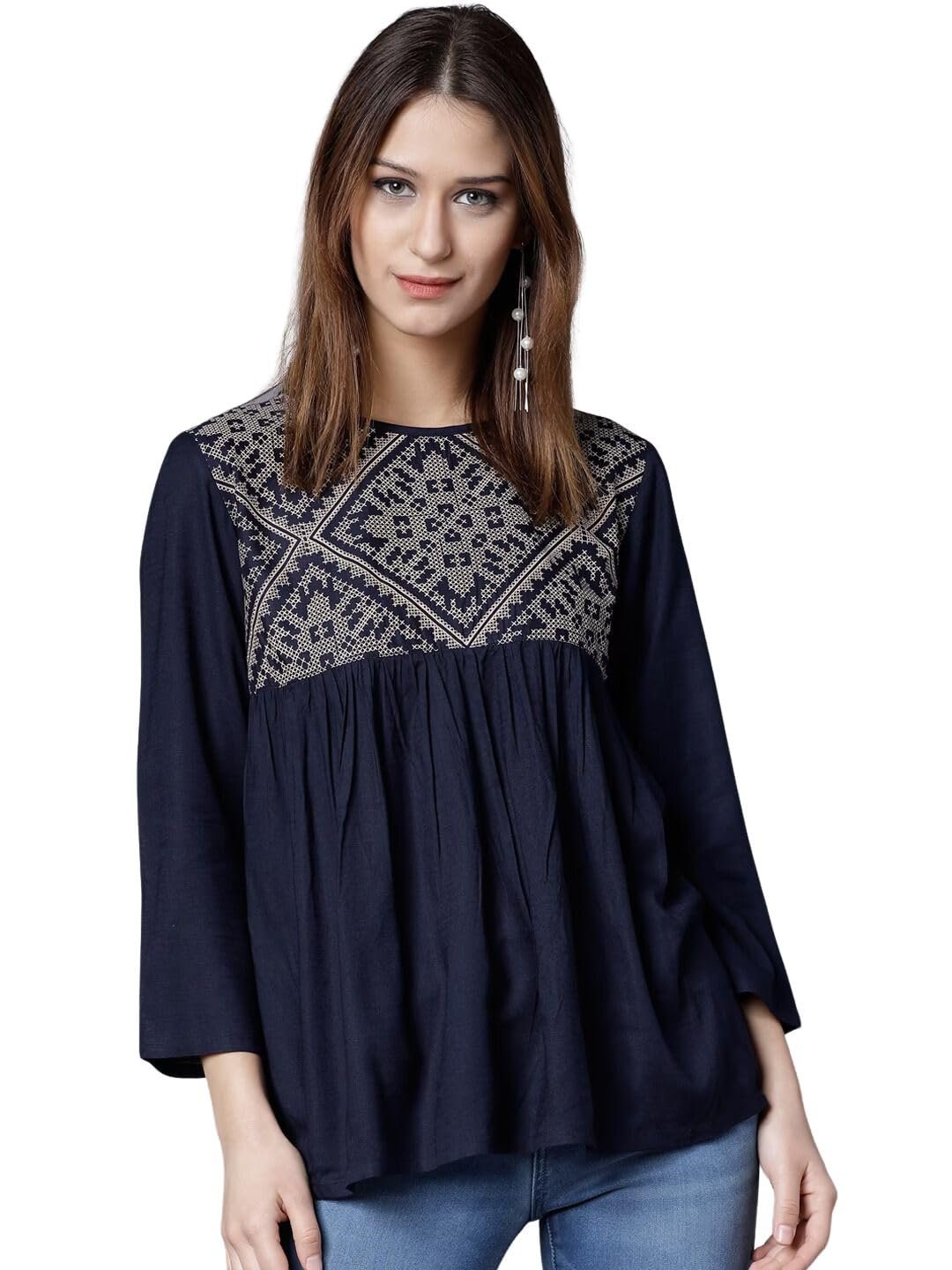 rytras Women's Printed Regular Fit top(Blue,L)