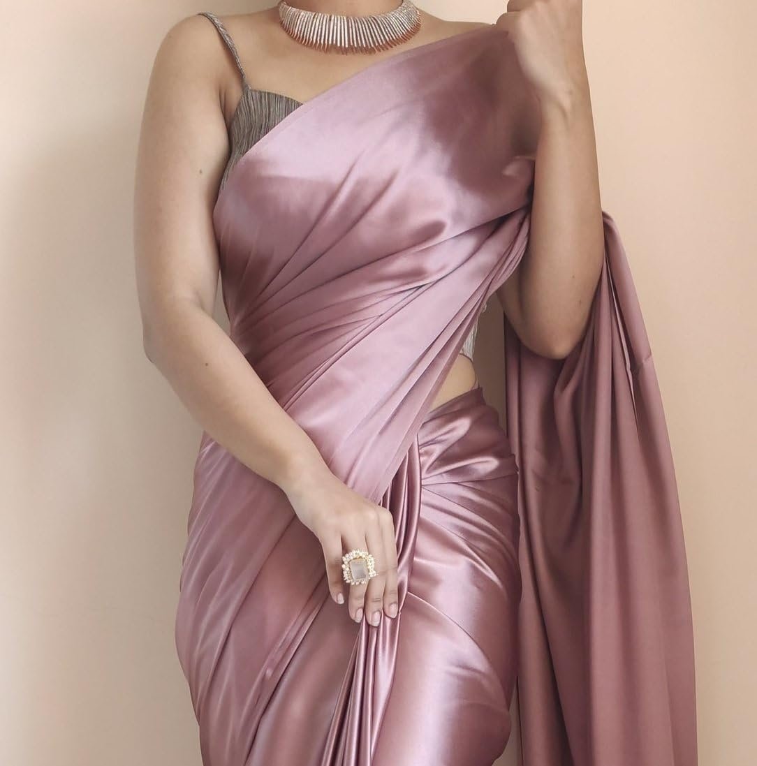 SATAZ Women's Ready to Wear Rose Gold Satin Silk 1 Minute Pre Pleated Readymade Saree with Unstitched Rose Gold Blouse - Image 7