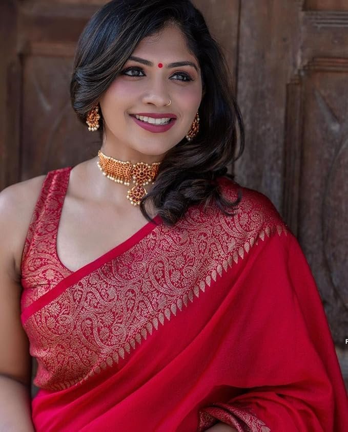 Yashika Women's Solid Red Banarasi Kanjivaram Cotton Silk Saree With Unstitched Blouse Material For Women (AZ-YS-OG-JHATKA RED) - Image 7