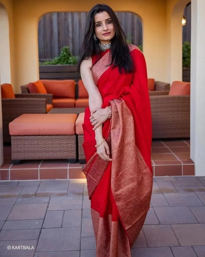 Yashika Women's Solid Red Banarasi Kanjivaram Cotton Silk Saree With Unstitched Blouse Material For Women (AZ-YS-OG-JHATKA RED) - Image 3