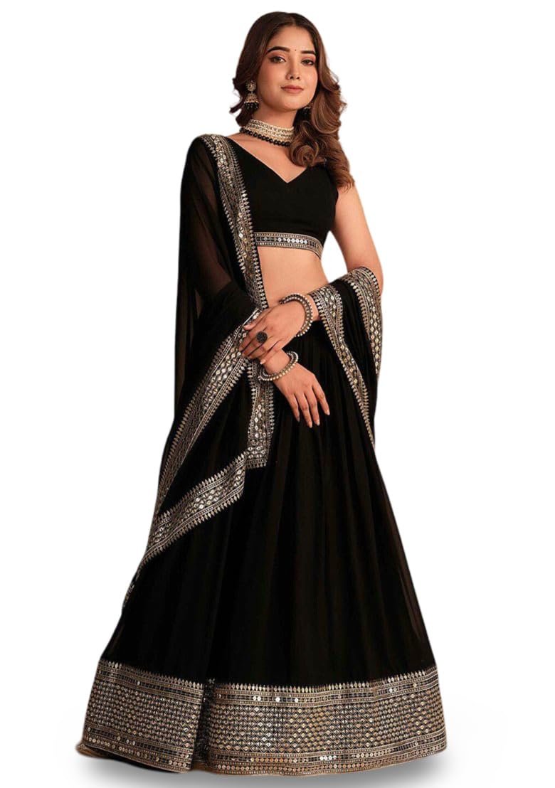 KEDARFAB Women's Georgette Sequence Embroidered Lehenga Choli Set | Stylish | Party| Lehenga For Women (Black Eid)