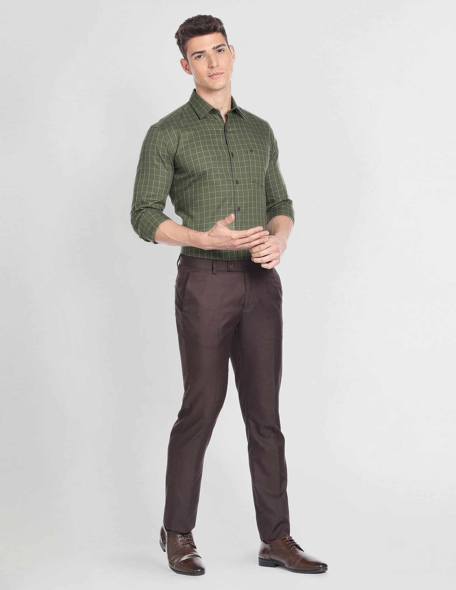 Arrow Men's Checkered Full Sleeve Slim Fit Cutaway Collar Cotton Formal Shirt (ARADOSH1244_Dark Green_39) - Image 6