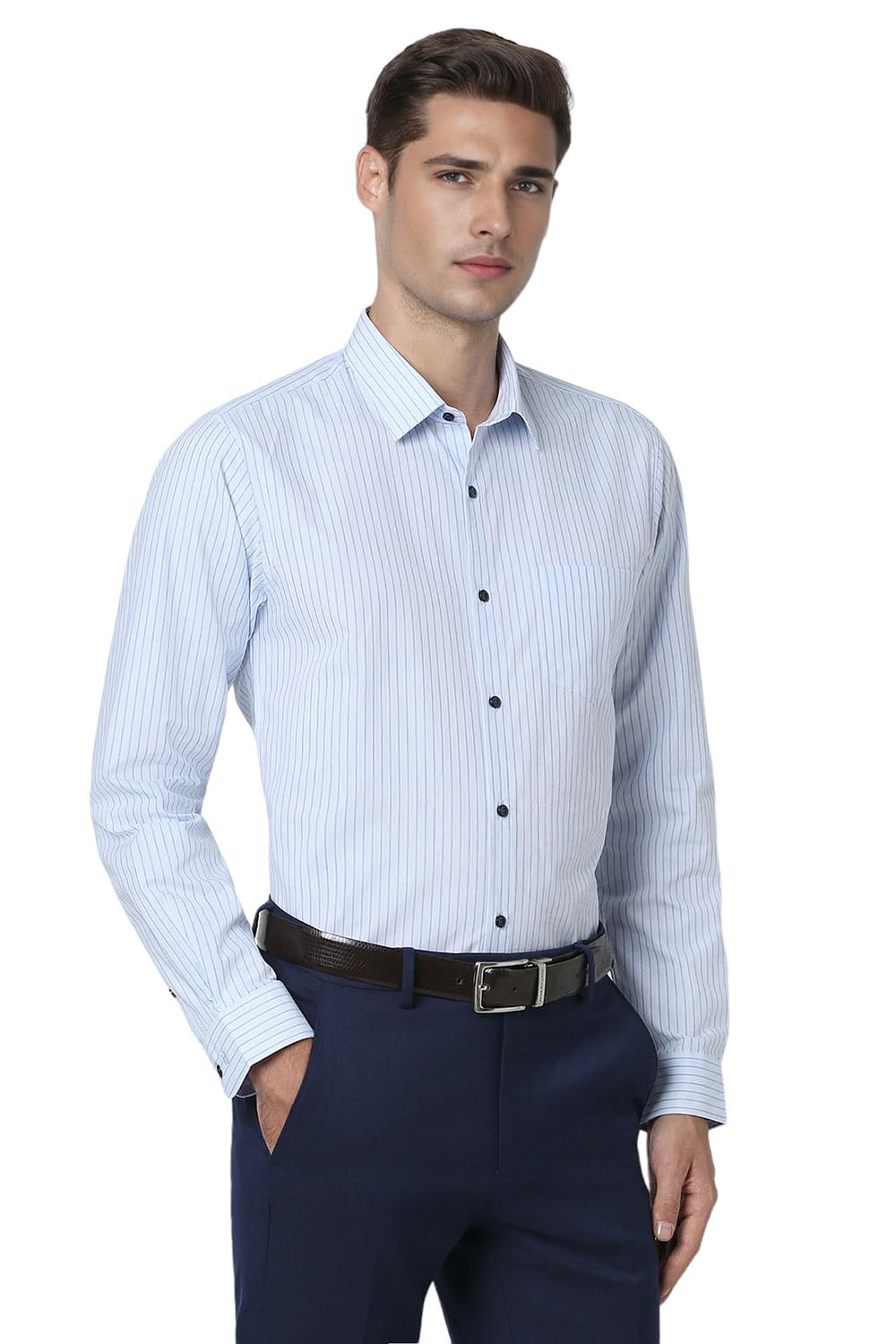 Peter England Men's Striped Slim Fit Full Sleeve Formal Shirt | Cotton-Rich | Wonder Fabric | Pin-Point Oxford Weave Blue, 42 - Image 5