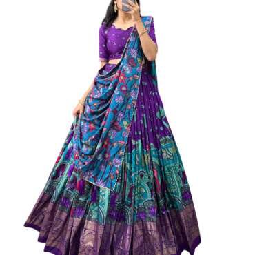 Women Tussar Silk Unstitched Dot & Ikkat Print With Foil Work Lehenga Choli Set (Purple), Medium