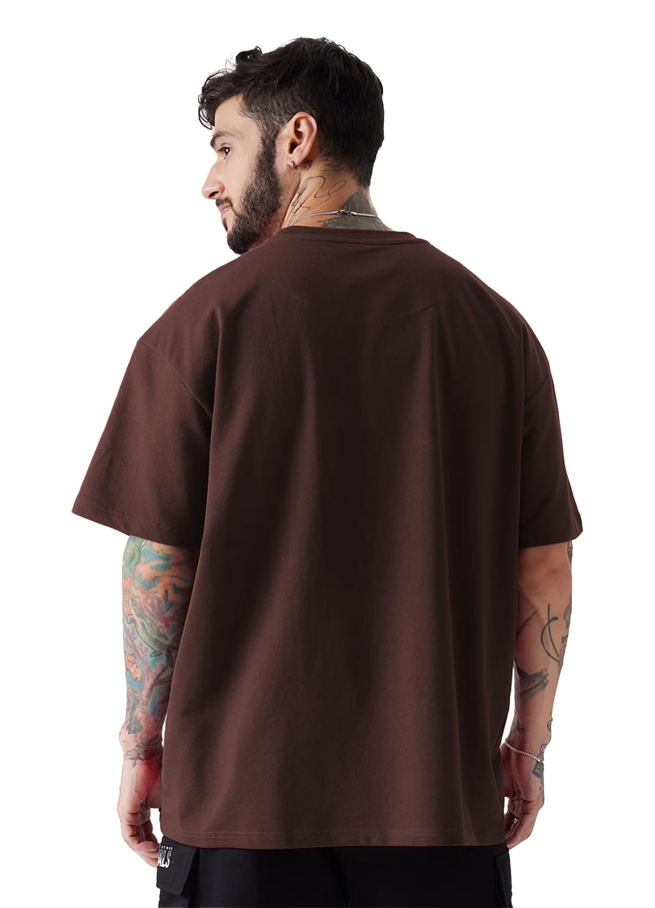 LEOTUDE Men's Cottonblend Oversized Half Sleeve Round Neck Tshirt (FS_49ROAR_P_Brown_XL) - Image 4