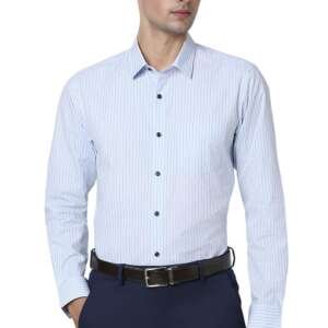 Peter England Men's Striped Slim Fit Full Sleeve Formal Shirt | Cotton-Rich | Wonder Fabric | Pin-Point Oxford Weave Blue, 42