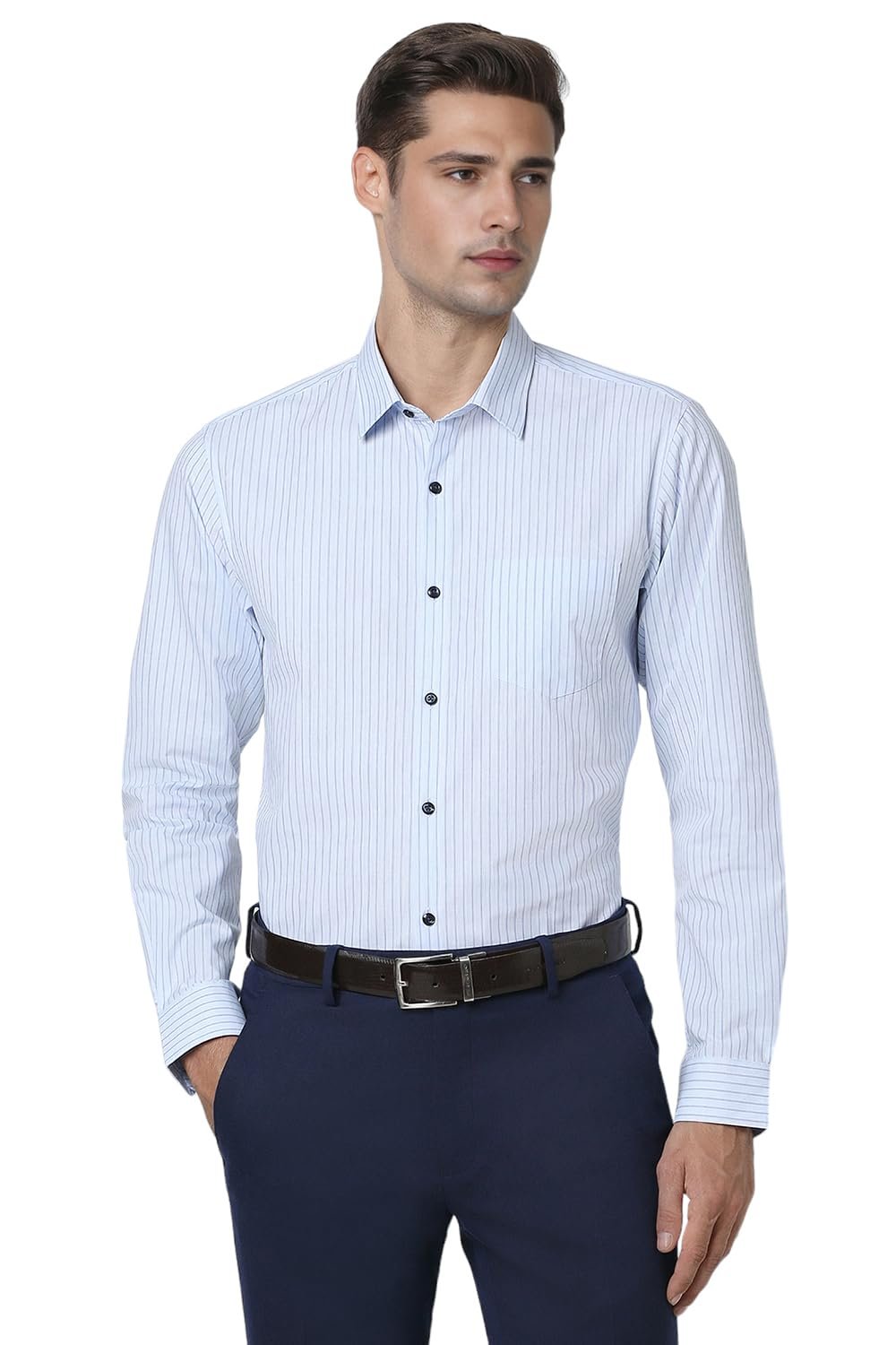 Peter England Men's Striped Slim Fit Full Sleeve Formal Shirt | Cotton-Rich | Wonder Fabric | Pin-Point Oxford Weave Blue, 42