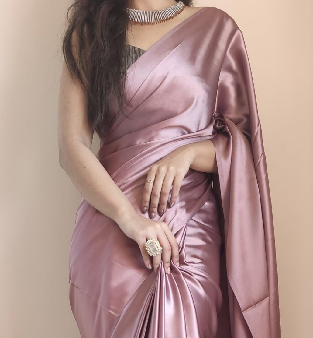 SATAZ Women's Ready to Wear Rose Gold Satin Silk 1 Minute Pre Pleated Readymade Saree with Unstitched Rose Gold Blouse - Image 4