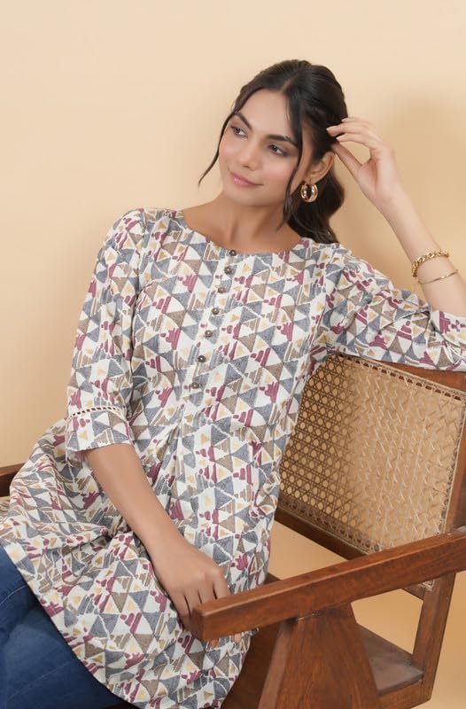 Janasya Women's Off White Cotton Geometric Regular Tunic(JAA24TU00161-L) - Image 7