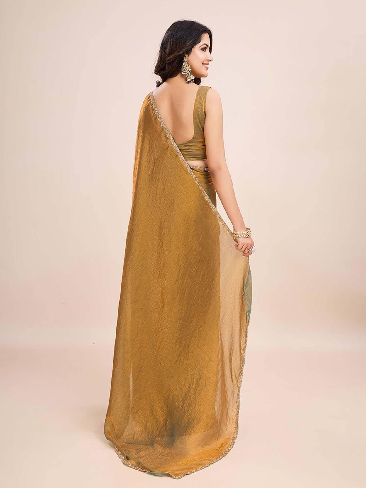 Kaugalian store Women's Shimmer Chiffon soft silk two tone saree with Lace Boarder Shiny Stone and Diamond Work Saree With Unstitched Blouse Piece(5.5 mt Saree with 0.8 mt blouse piece) - Image 4