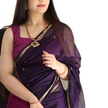 Women’s Printed Banarasi Cotton Silk Saree with Gold Zari Border & Unstitched Blouse Piece – Ethnic Saree for Weddings & Festivals (Wine Pink)