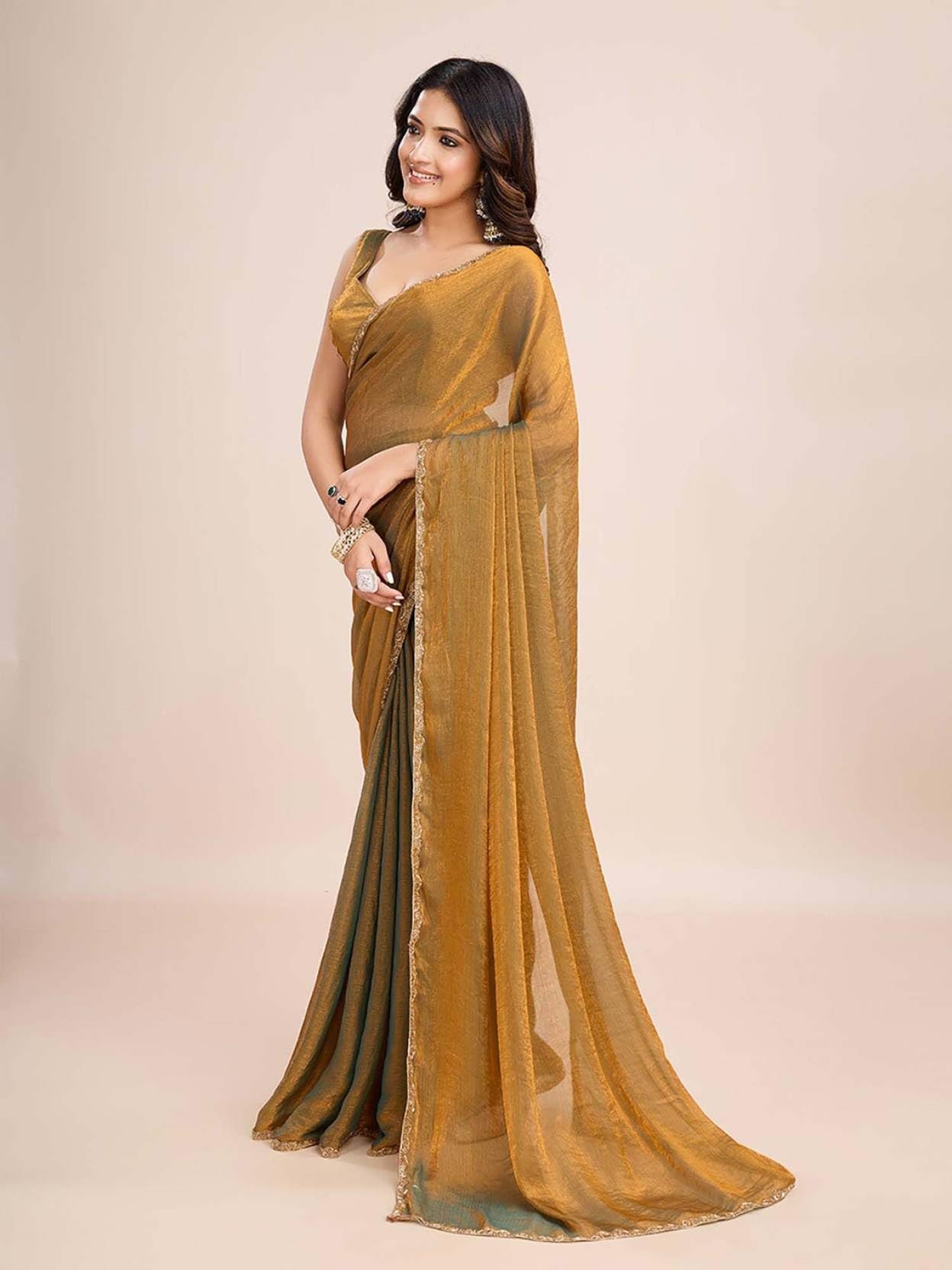 Kaugalian store Women's Shimmer Chiffon soft silk two tone saree with Lace Boarder Shiny Stone and Diamond Work Saree With Unstitched Blouse Piece(5.5 mt Saree with 0.8 mt blouse piece) - Image 6